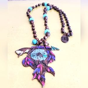 Vintage southern junkie dream catcher beaded necklace turquoise enamel handpaint